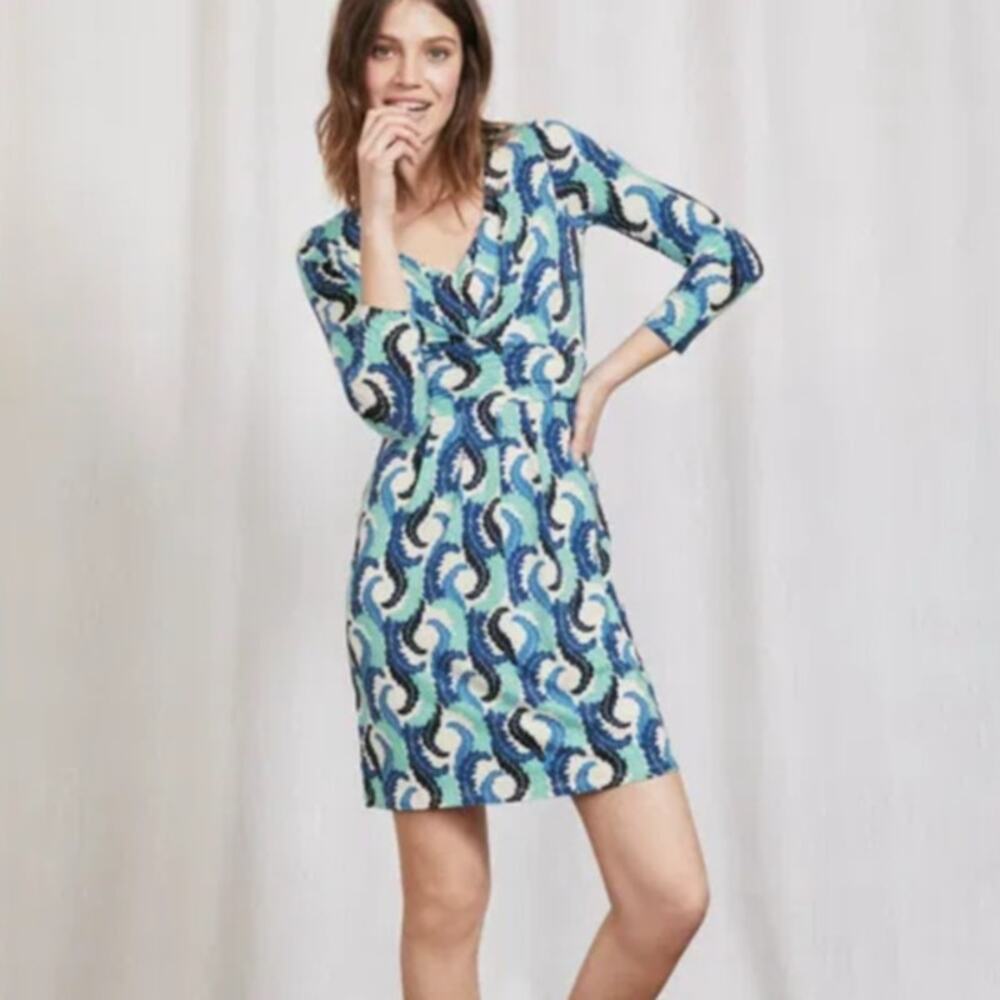 Boden Marion Blue Leaf Print Jersey Tunic Mini Size 4 V-neck 3/4 Sleeve - Picture 3 of 13